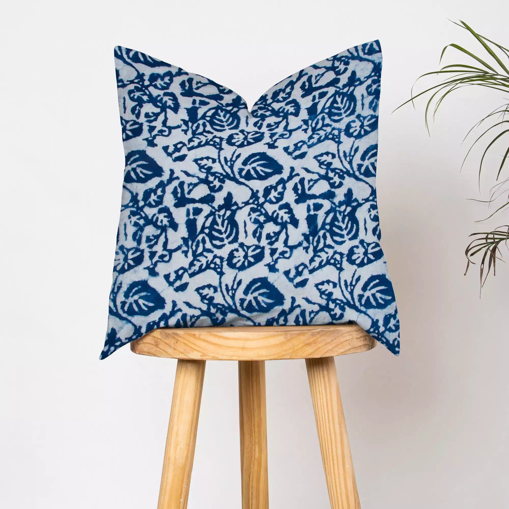 Hand Block Indigo Leaf Printed Pure Cotton Soft Cushion Cover